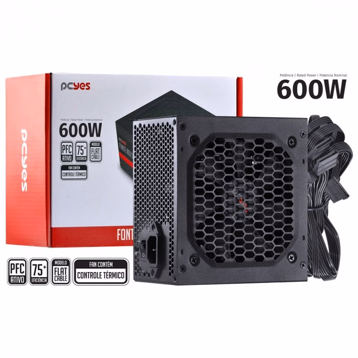 Fonte PCYES Spark 600W, 75+ Eficiência, PFC Ativo, PXSP600WPT