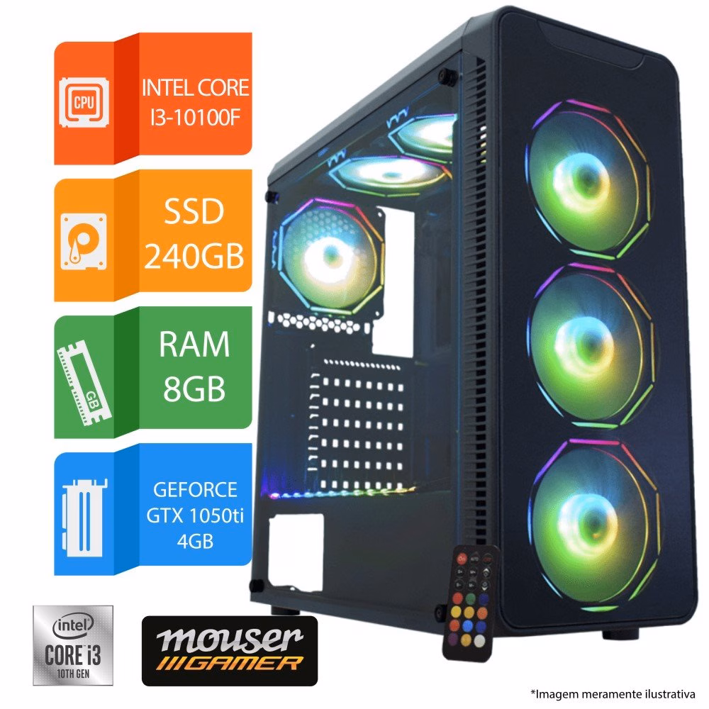 PC Gamer Mouser Intel Core i3-10100F, 8GB, SSD 240GB, GTX 1050ti, Windows 10