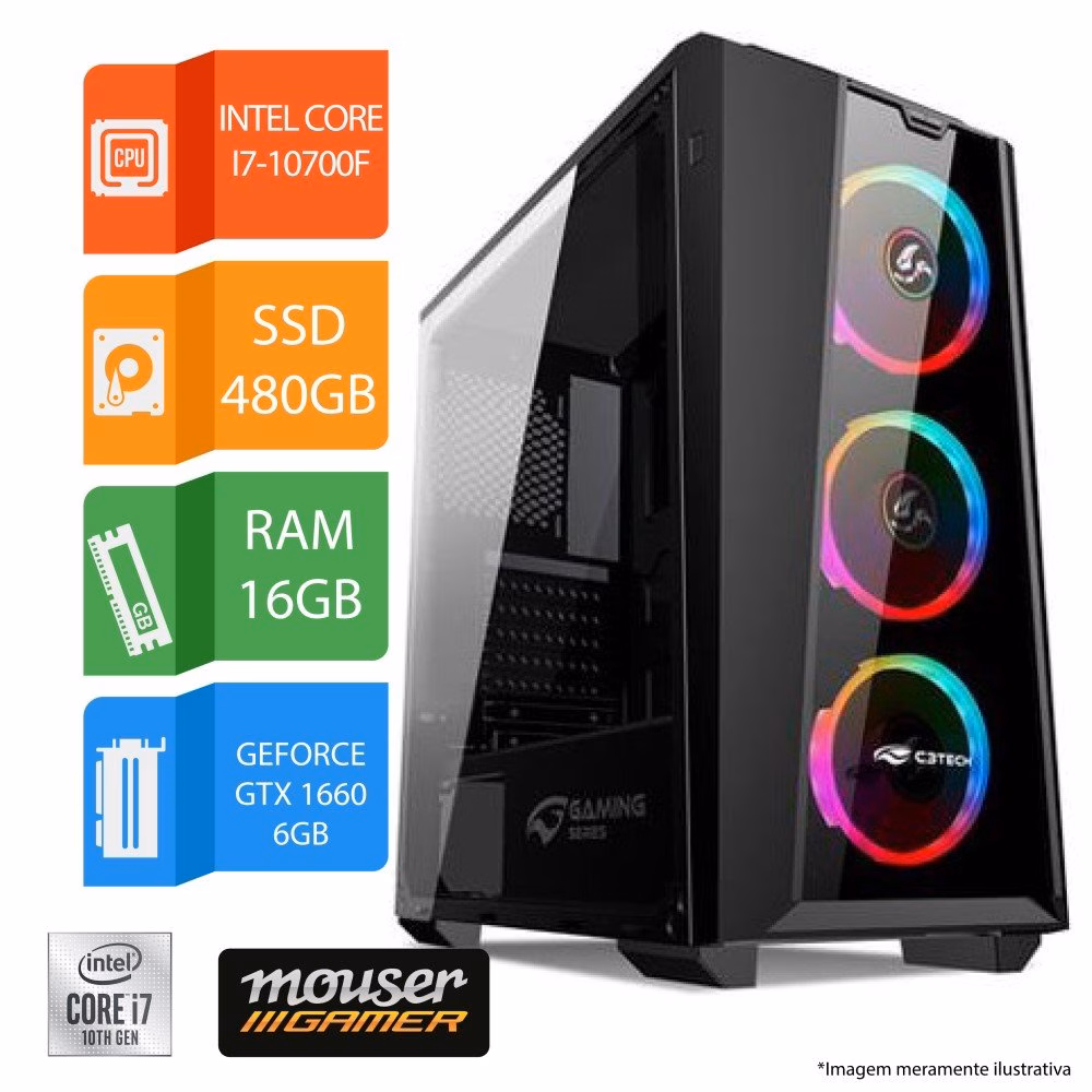 PC Gamer Mouser Intel Core i7-10700F, 16GB, SSD 480GB, GTX 1660Oc, Windows 10
