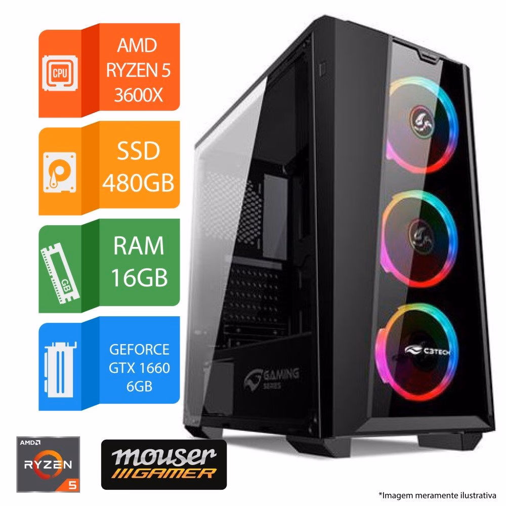 PC Gamer Mouser Ryzen 5 3600X, 16GB, 480 SSD, GTX 1660Oc, Windows 10