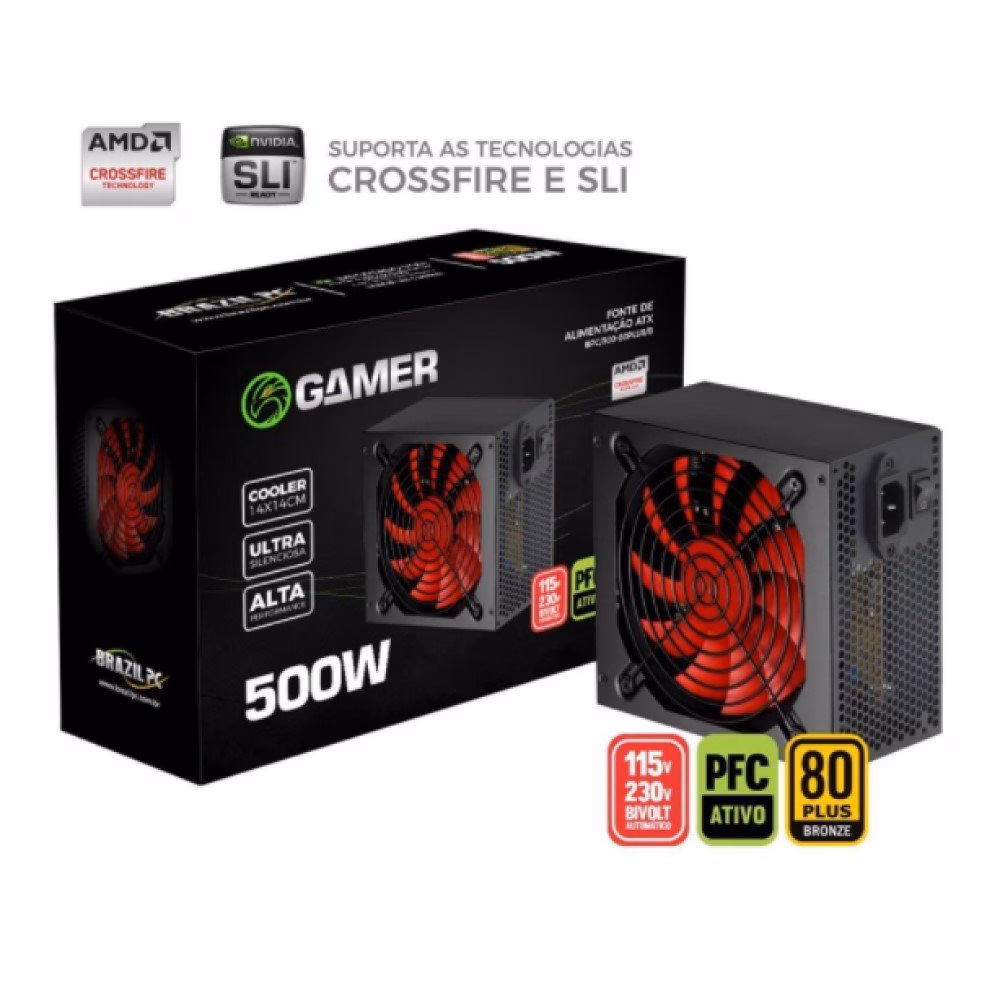 Fonte BrazilPC BPC/500-80P/B 500W 80 Plus, Crossfire, SLI, PFC Ativo