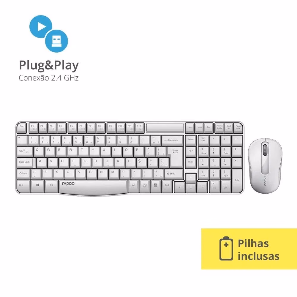 Kit Teclado e Mouse Rapoo, Sem Fio, Branco, X1800S, RA002