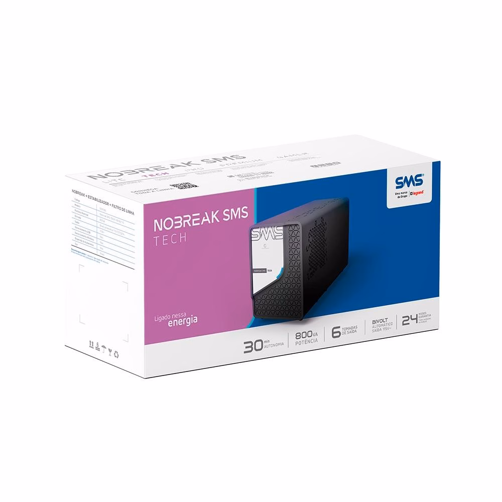 Nobreak 800VA, SMS Tech, Entrada Bivolt e Saída 115V, 6 Tomadas, 0029302 - Imagem 4