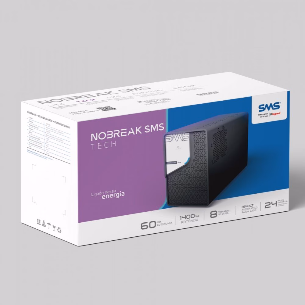 Nobreak 1400VA, SMS Tech, Entrada Bivolt e Saída 220V, 8 Tomadas, 0029306 - Imagem 4