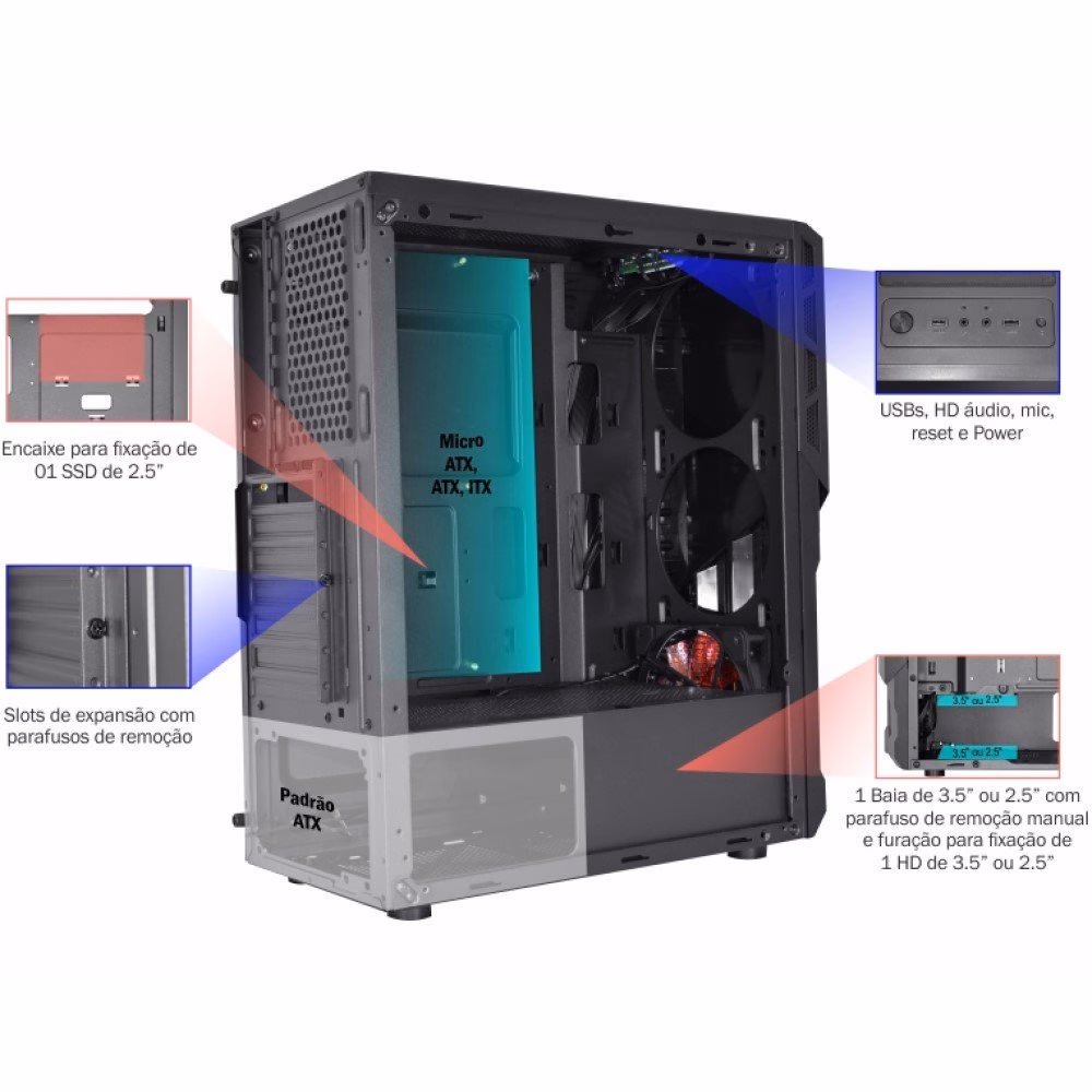Gabinete Gamer K-Mex MONSTRO, 1 Cooler FAN Vermelho, Sem Fonte, CG-03AA - Imagem 10