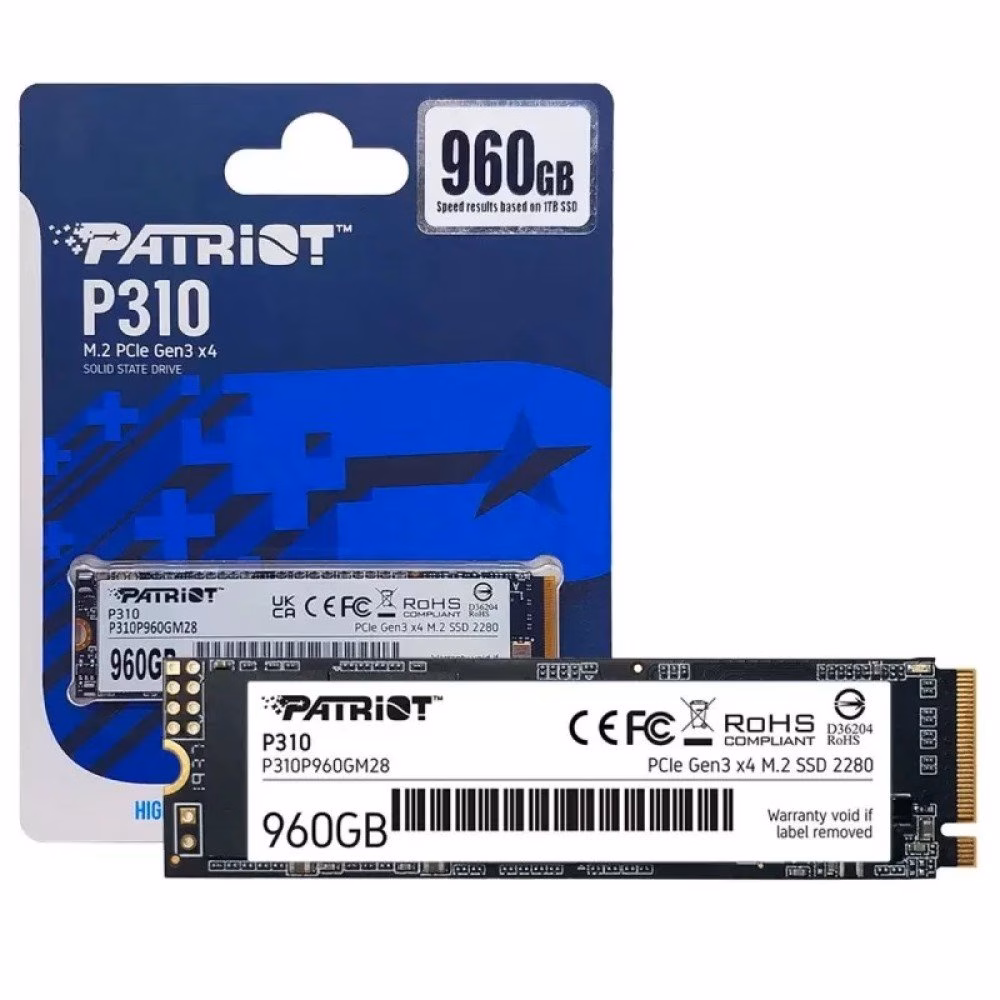 SSD 960GB Patriot P310, M.2 2280 PCIe 3x4 NVMe 1.3, Leitura 1700MB/s, Grav. 1500MB/s - P310P960GM28