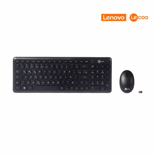 Teclado e Mouse Sem Fio Lenovo Lecoo KW204 Preto - ABNT2